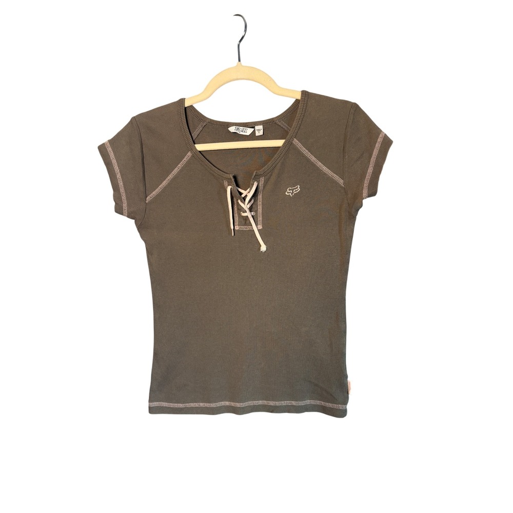 Fox Racing Womens Top L Olive Green Lace Up Ribbed Contrast Stitch Y2K Gorpcore